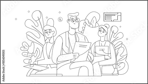 line art of three individuals in discussion with papers and chart teamwork and learning