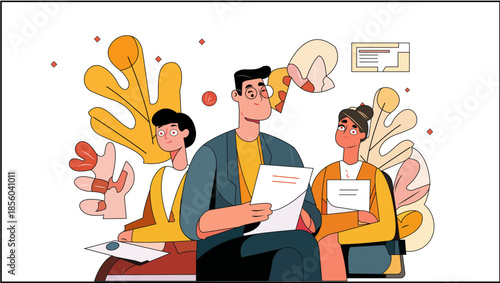 Interview-themed illustration with seated candidates holding documents
