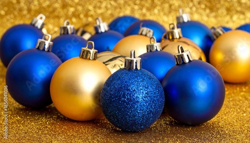 Blue and gold glittery Christmas ornaments with stripes and sparkle on festive golden background.