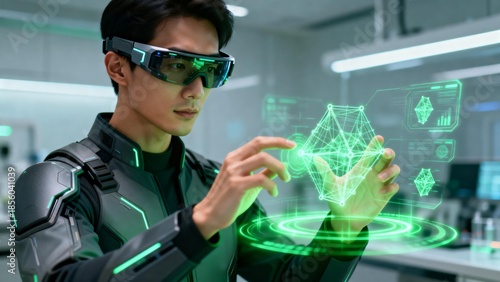 Man in futuristic suit interacting with hologram