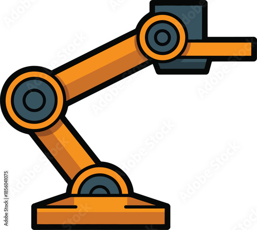 Stylized orange and grey industrial robotic arm illustration with multiple joints for automation.
