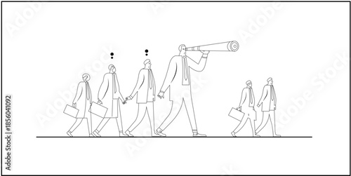 line art of business team led by central figure with telescope