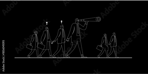 Minimalist business illustration with central leader holding telescope