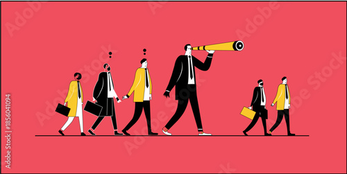 Business leadership illustration with central figure holding telescope