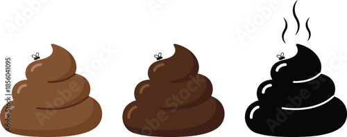 Cartoon feces illustration set, 3 swirl piles, fly detail, odor lines, humorous poop icons, isolated, vector graphic