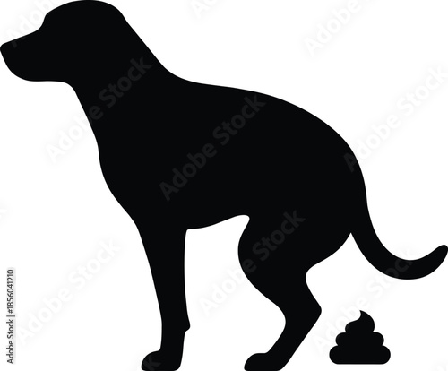 Dog defecating silhouette illustration, squatting posture, feces pile icon, pet hygiene symbol, black outline, isolated, vector graphic