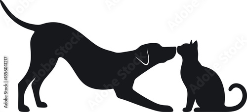 Dog and cat silhouette illustration, playful greeting pose, domestic pet interaction, black outline, isolated, vector graphic