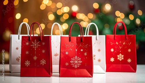 Two red holiday gift bags with festive patterns and warm lights in blurred Christmas background.
