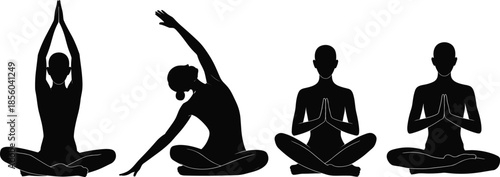 Black silhouettes of people practicing yoga, meditation, and stretching in lotus poses for wellness, mindfulness, and healthy lifestyle isolated on white.