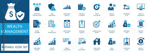 Wealth management and personal finance icon set. Vector symbols for investment strategy, retirement planning, banking, tax optimization, and financial goal tracking.