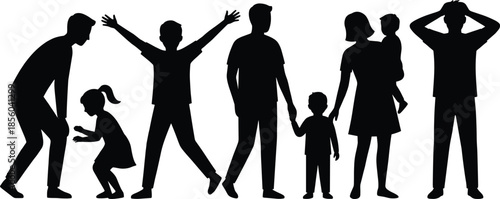Family interaction silhouette illustration, emotional poses, child-parent bonding, gestures of care and surprise, black outline, isolated, vector graphic