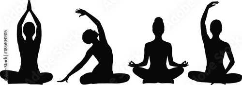 Black silhouettes of women practicing yoga and meditation in lotus poses, stretching exercises, mindfulness, and wellness icons isolated on white background.