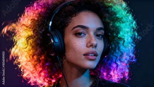 Woman with colorful curly hair wearing headphones