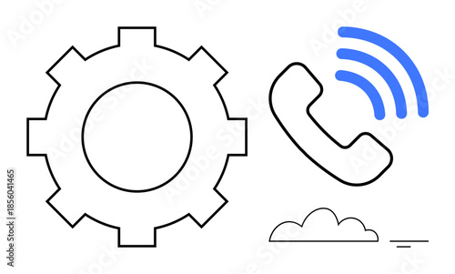 Communication concept. Communication through a gear, phone call signal, and cloud technology and connectivity. Communication linking networks and services. For tech, networks, mobile apps, cloud