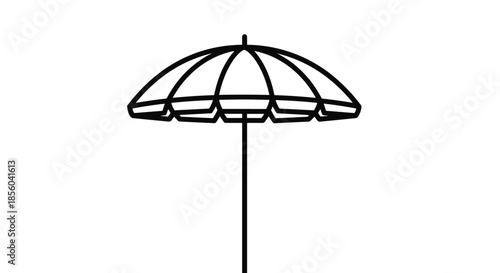 Minimalist black outline drawing of an open beach umbrella with a tall pole isolated on a white background for coloring or design purposes.