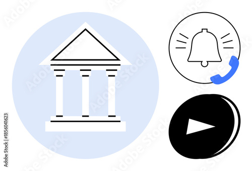 Law, communication, digital media, notifications, alerts, government services. ion of a court building, a ringing bell and a play symbol. Law and communication conceptual