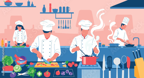 Busy professional restaurant kitchen scene with male and female chefs in white uniforms preparing food and cooking on a stove with rising steam.