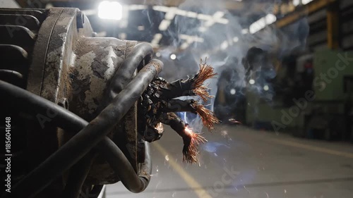 Damaged electrical cord frayed and smoking with exposed copper wire wrapped around industrial machinery.
