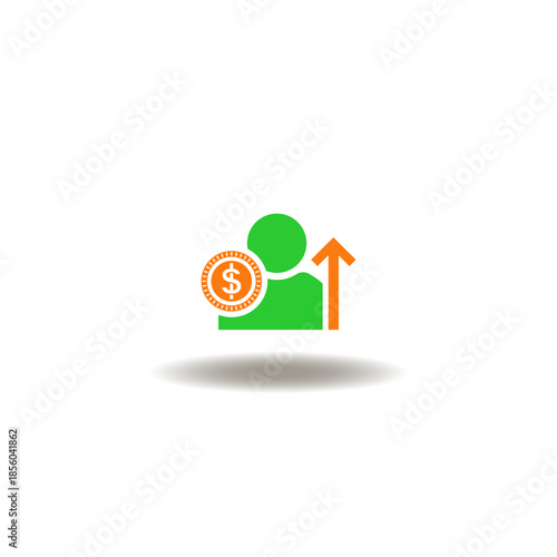 Vector illustration of person with money coin and arrow up. Symbol of salary increase.