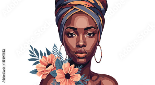 Stunning portrait of a beautiful African woman wearing a colorful patterned headwrap and large gold hoop earrings with peach flowers.