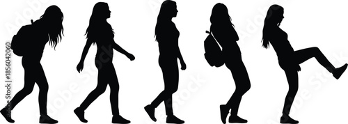 Walking silhouette pose set, 5 motion stages, backpack detail, human gait icons, black outline, isolated, vector graphic
