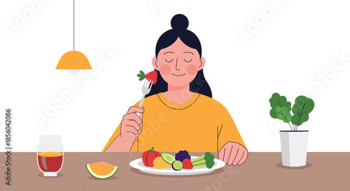 Young woman with black hair sitting at a dining table and enjoying a healthy meal of colorful vegetables and fruits with a fork.