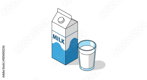 Isometric drawing of a white and blue milk carton next to a tall glass filled with fresh milk isolated on a white background.