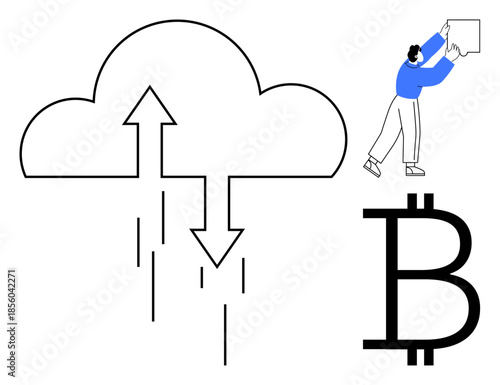 Cloud computing and cryptocurrency concept. Cloud data transfer process, user interaction, and Bitcoin symbol highlight digital technology. Perfect for blockchain, fintech, and tech innovation . Key