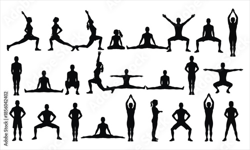 Large collection of various yoga and stretching poses represented as black silhouettes on a clean white surface