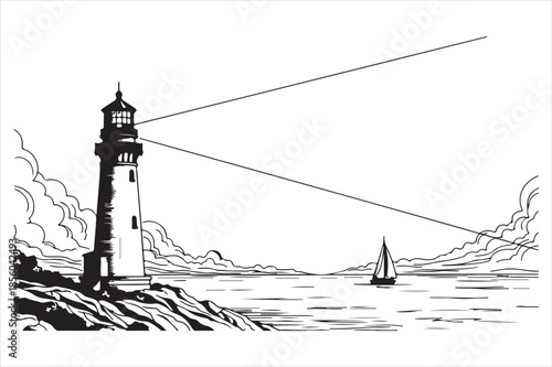 Lighthouse guiding sailboat at sea