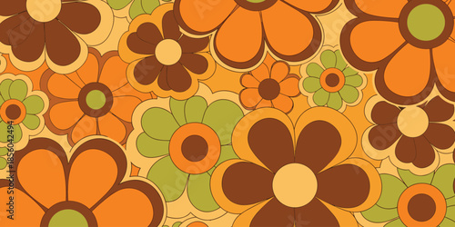 Retro 70s Floral Pattern Background with Groovy Hippie Daisy Flowers in Orange and Brown