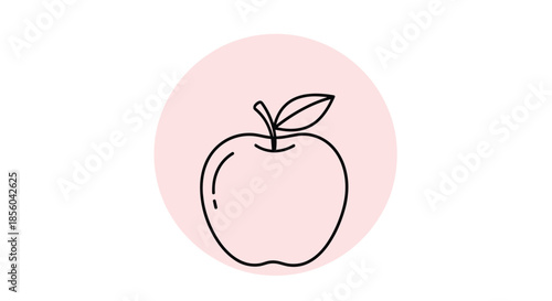 Minimalist black line drawing of a single apple with a stem and leaf centered inside a soft pink circular background on white.