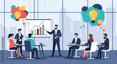 Professional business training or seminar scene featuring a speaker presenting data to an attentive audience of colleagues in a modern office.