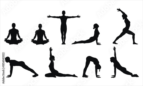 Set of human silhouettes engaging in a range of challenging and calming yoga postures for physical wellbeing
