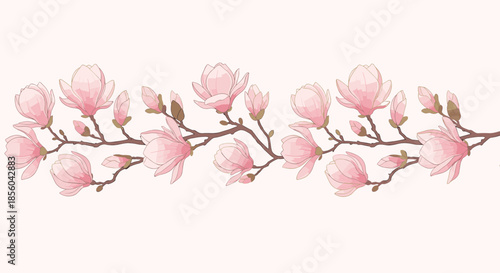 Pink magnolia blossoms on winding branches create a beautiful floral border pattern against a soft cream background for elegant design.