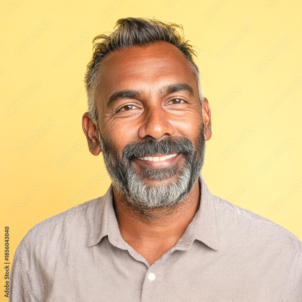 Obraz premium A smiling man with a beard poses confidently against a bright yellow background, exuding warmth and approachability.