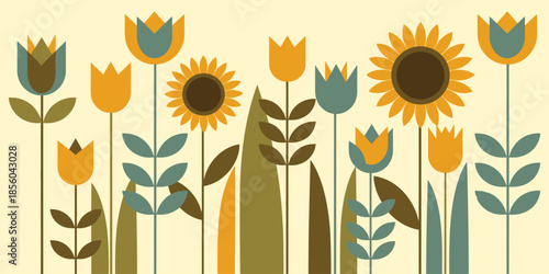 Flat Geometric Mid-Century Modern Floral Pattern with Sunflowers and Tulips