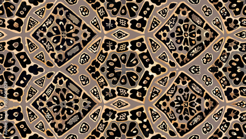 Intricate abstract pattern with repeating diamond and floral motifs in muted tones