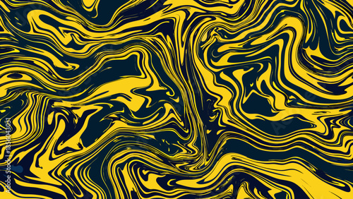 Abstract fluid art with swirling yellow and dark navy blue patterns