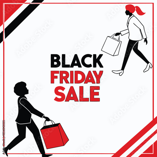 Black Friday sale background with bold typography, black and red color theme, discount labels, minimal design, empty space for text, professional marketing banner