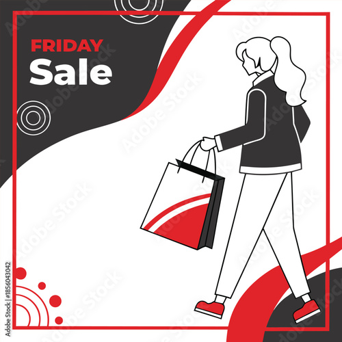 Black Friday sale background with bold typography, black and red color theme, discount labels, minimal design, empty space for text, professional marketing banner, high resolution