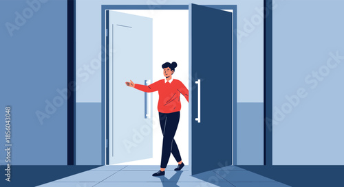 Confident young woman dressed in a red sweater and dark pants opens large blue double doors and walks through into a bright white hallway.