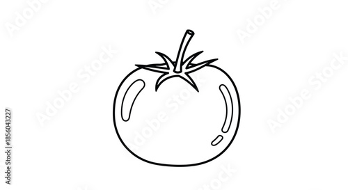 Simple black and white line drawing of a ripe tomato with its stem and leaves intact perfect for coloring exercises or culinary graphics.