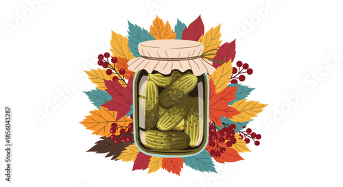 Glass jar filled with green pickled cucumbers resting on a colorful bed of autumn maple leaves and berries symbolizing seasonal preservation.
