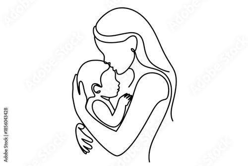 A mother lovingly cradles her infant in a minimalist line art illustration, symbolizing the profound bond of parenthood and tender care.