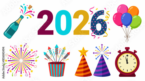 Colorful vector icons celebrating New Year 2026 with champagne, fireworks, balloons, and party hats, concept for holiday greeting card, festive event promotion and seasonal advertisement