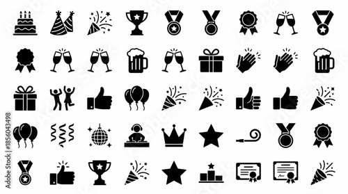 Seamless black and white pattern of celebration icons featuring cakes, trophies, confetti, and balloons, concept for party invitations, corporate awards, and event promotion