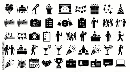 Set of black celebration and business event icons including party decorations, musical notes, and professional staff, concept for event planning service, corporate celebration and marketing material