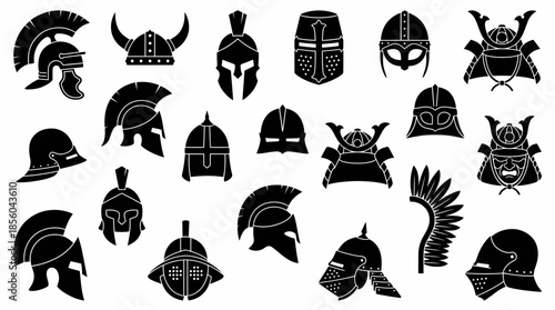 Collection of black and white historical and warrior helmets silhouettes, concept for history design , mythology illustration  and cultural representation 
