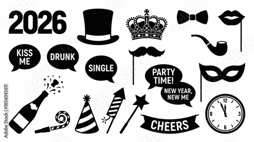 Black silhouette set of 2026 New Year's Eve photo booth props including crown, mask, and speech bubbles, concept for celebration invitations, festive marketing materials and holiday social media